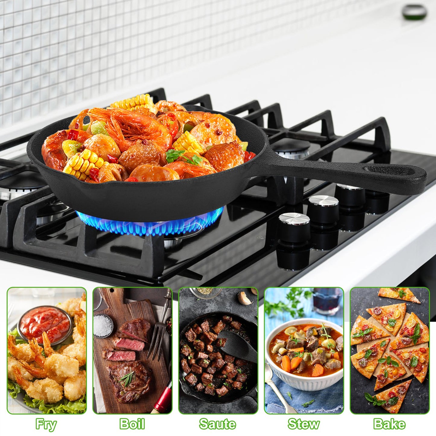 3Pcs Pre-Seasoned Cast Iron Skillet Set For Indoor Outdoor 6in 8in 10in Non-Stick Oven Safe Cookware Heat-Resistant Frying Pan For Frying Cooking Baking
