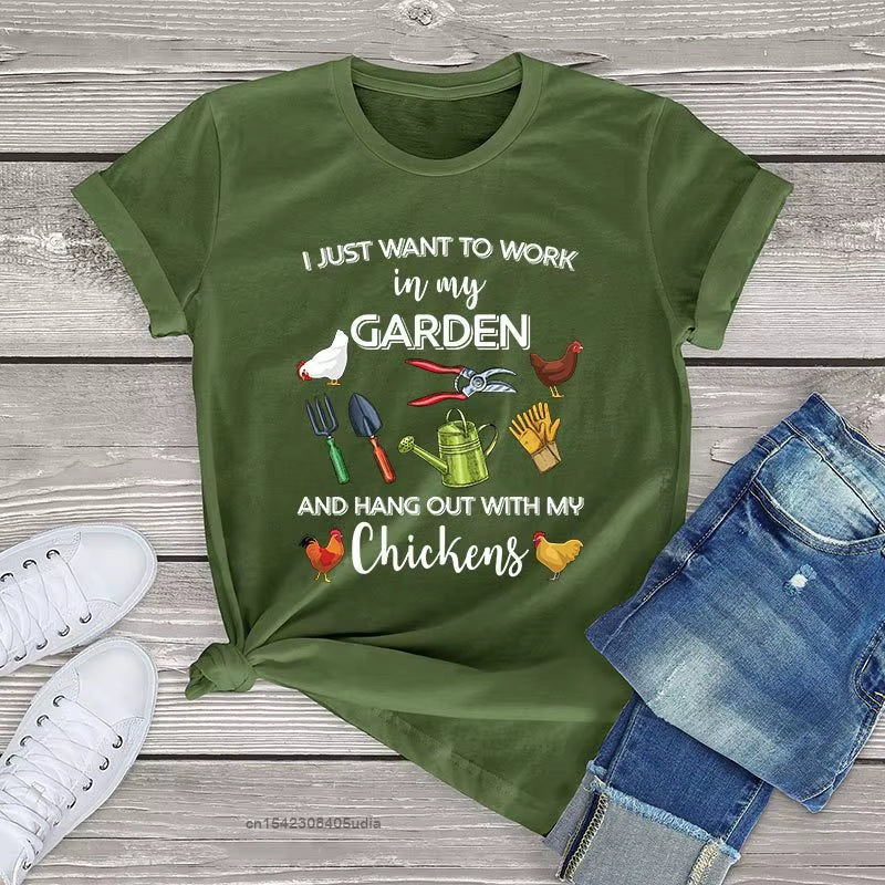 I Just Want to Work in My Garden and Hang Out with Chickens Graphic Women'S Tshirts Farmer Unisex T Shirt Men Women Kawaii Tops