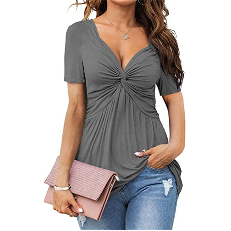 Women's V-neck Front Twist Shirt Short Sleeve Elegant Casual T-shirt