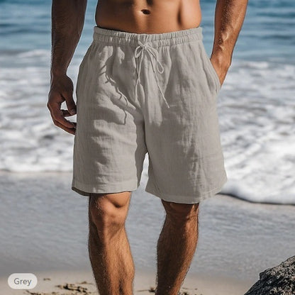Cotton Linen Shorts Drawstring Elastic Waist Straight Leg