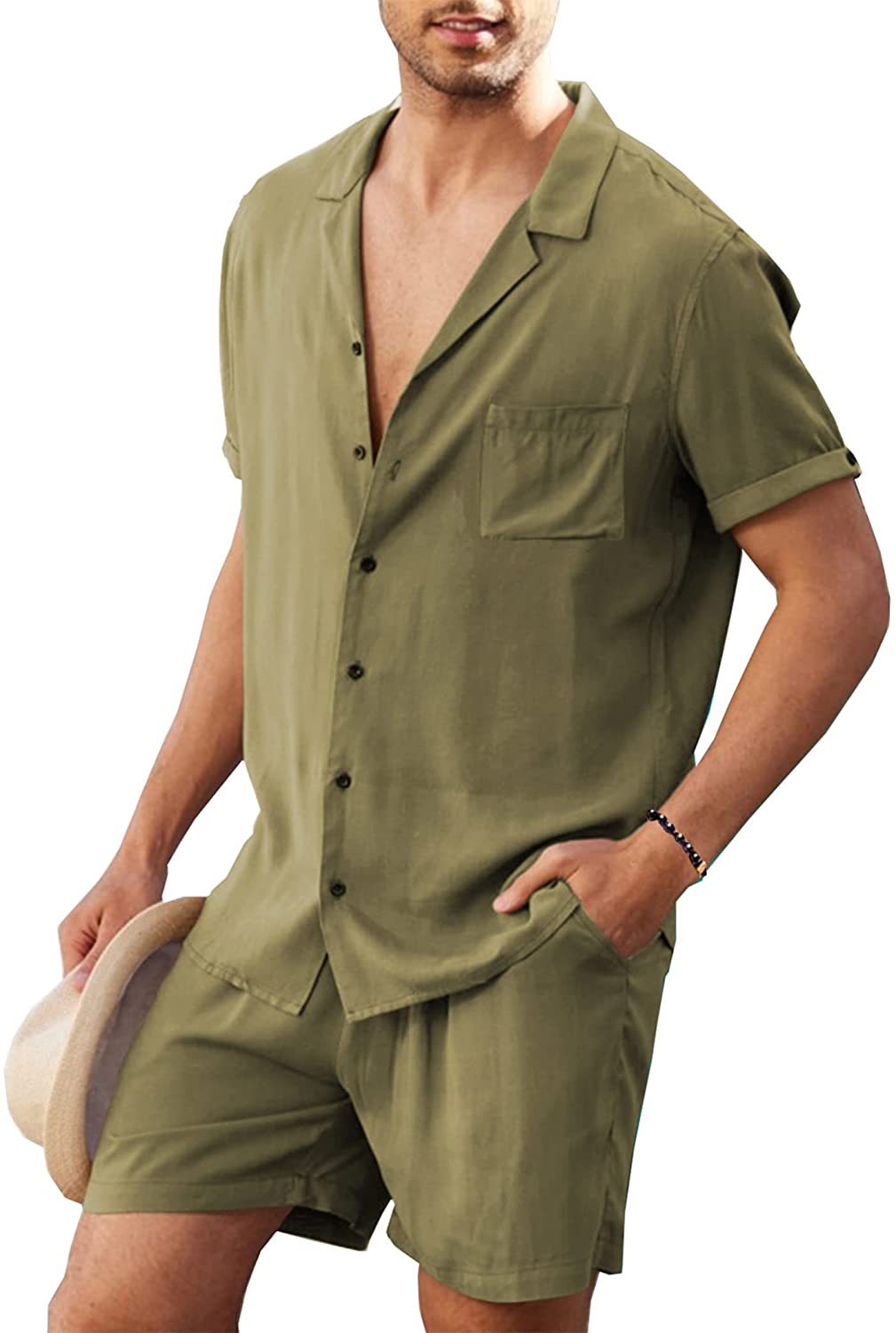 Men's Short Sleeve Shirt Suit Summer Lapel Button Top With Pocket And Drawstring Shorts Fashion Beach Suits
