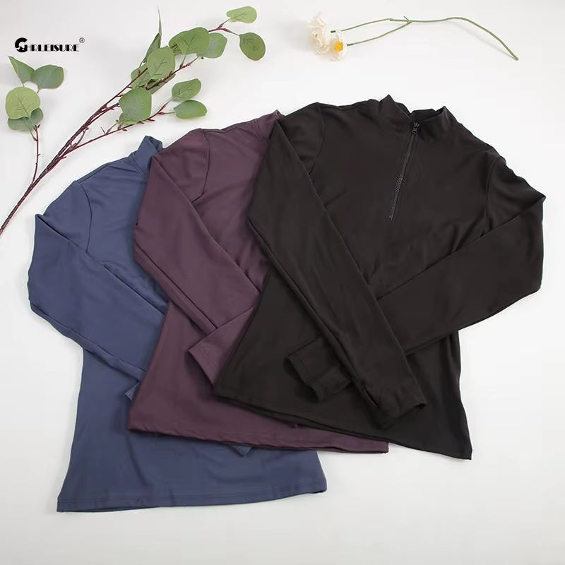 CHRLEISURE Long Sleeve Yoga Shirts Half-Zip Sports Top with Thumbholes Elastic Breathable Fitness Blouse for Women Activewear