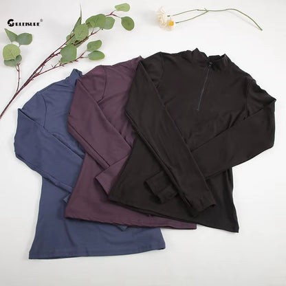 CHRLEISURE Long Sleeve Yoga Shirts Half-Zip Sports Top with Thumbholes Elastic Breathable Fitness Blouse for Women Activewear