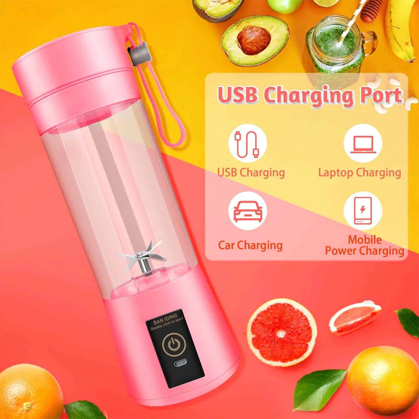 Portable Blender USB Rechargeable Personal Juicer Cup Small Fruit Juice Mixer for Shakes and Smoothies 350ML Capacity- Pink