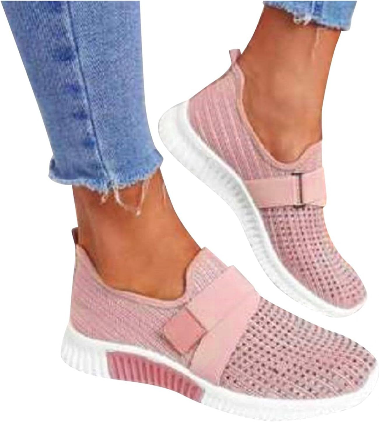 Sneakers for Women Slip on Summer Hollow Out Flat Fashion Loafers Ladies Breathable Lightweight Walking Shoes Pink