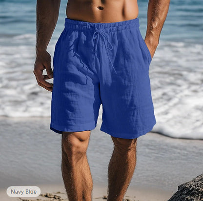 Cotton Linen Shorts Drawstring Elastic Waist Straight Leg
