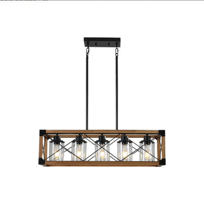32 Inch Walnut Industrial Farmhouse Rectangle Pendant Light, 5-Light Chandelier With Lampshades For Dining Room, Kitchen Island, Cafe Decor No Bulbs