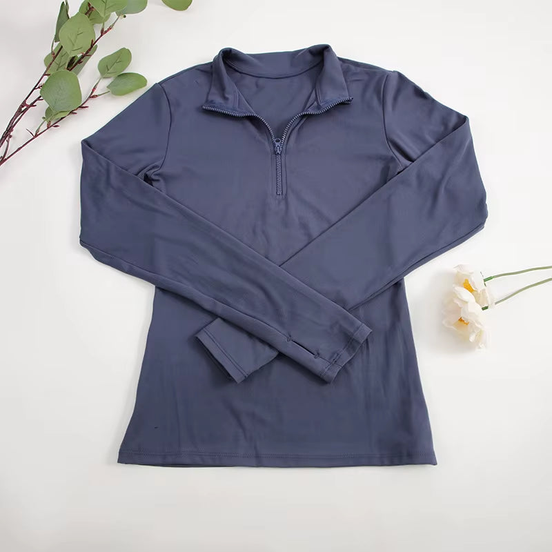 CHRLEISURE Long Sleeve Yoga Shirts Half-Zip Sports Top with Thumbholes Elastic Breathable Fitness Blouse for Women Activewear