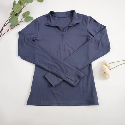 CHRLEISURE Long Sleeve Yoga Shirts Half-Zip Sports Top with Thumbholes Elastic Breathable Fitness Blouse for Women Activewear