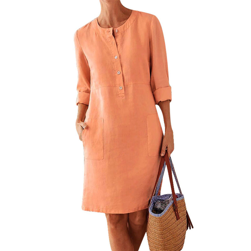 Plus Size Women's Cotton And Linen Round Neck Long Sleeve Dress