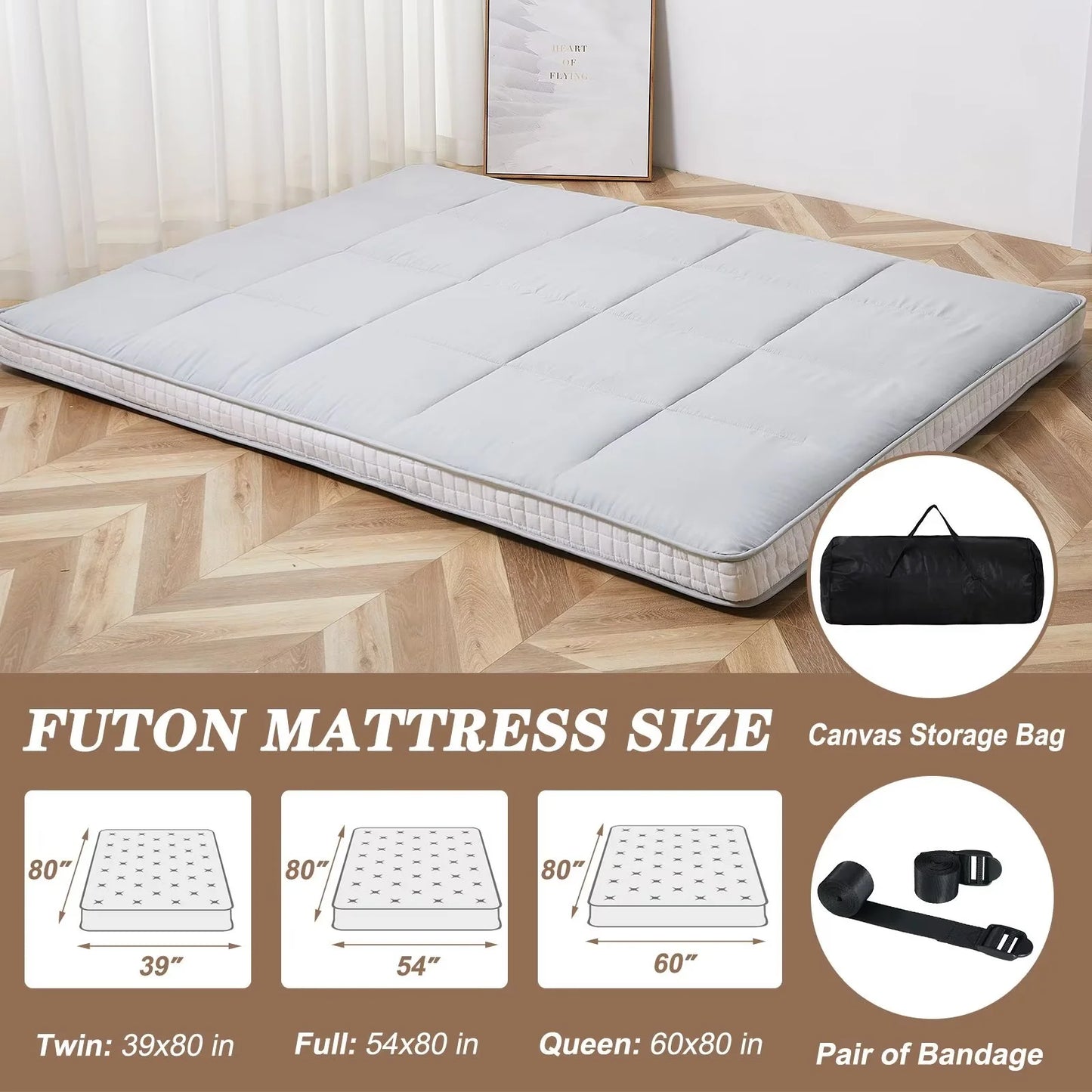 Gray Floor Mattress with Storage Bag Japanese Futon Mattress Extra Thick Folding Sleeping Pad Futon Mattress Portable Camping Mattress, Twin