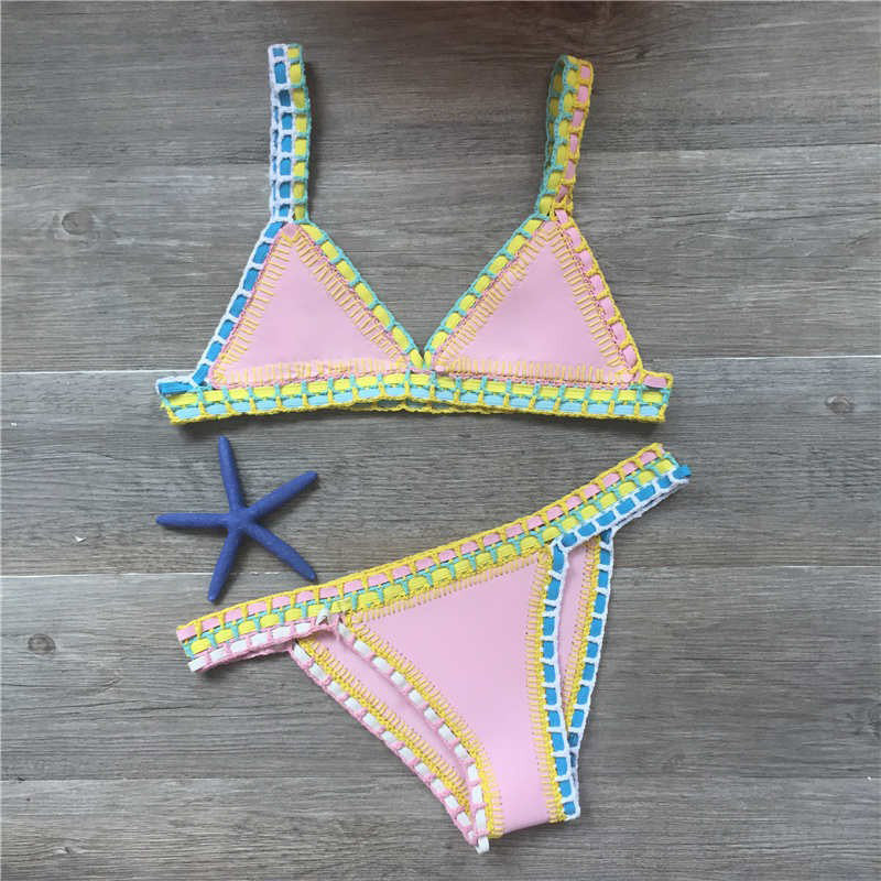 Sexy Hand Crochet Colorful Bikini Set, Spell Color Rubber, Ladies Knitted Swimwear