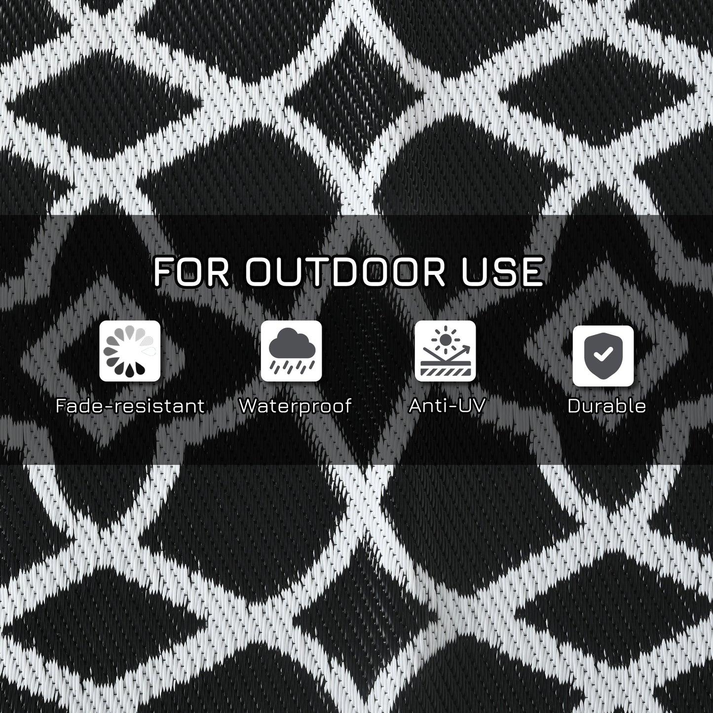 Reversible Outdoor Rug Carpet RV Camping Rugs with Carry Bag, 9' x 12', Black & White Clover
