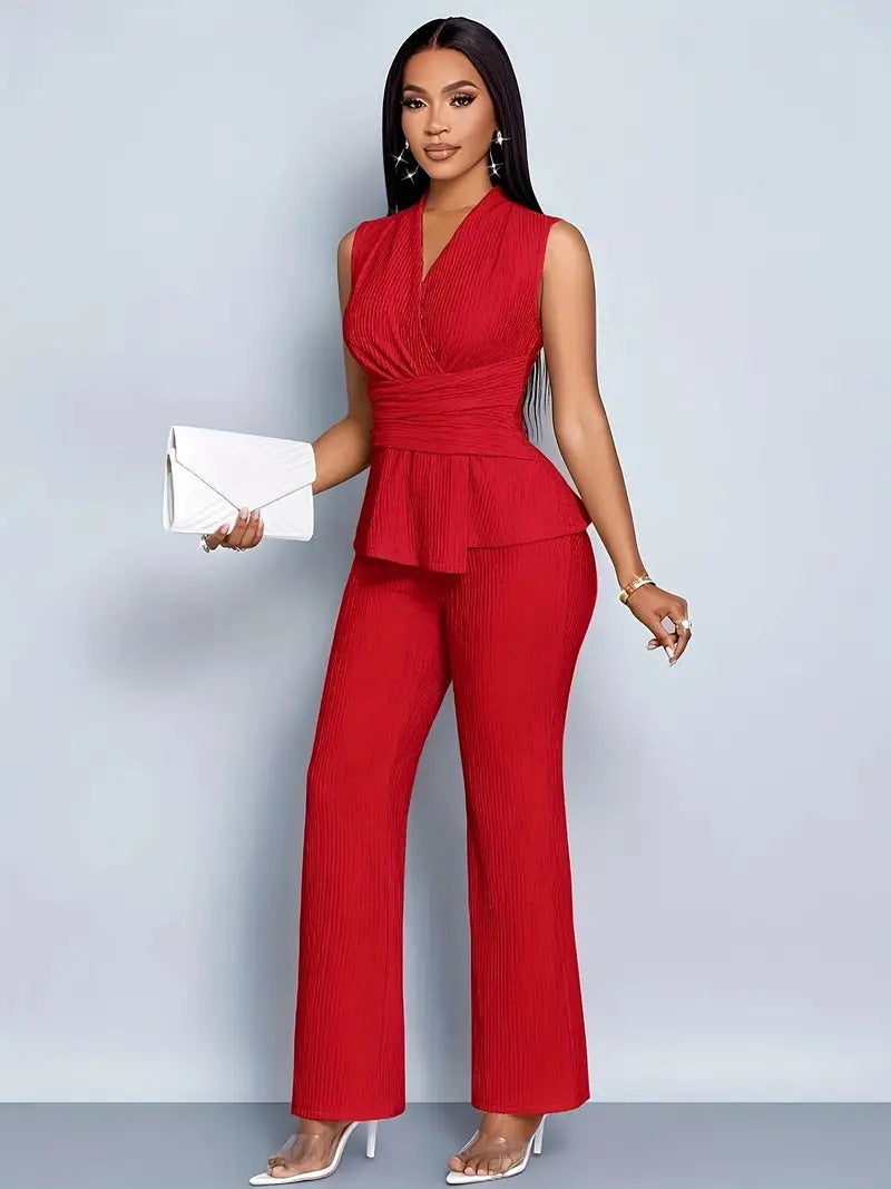Womens Two Piece Set V Neck Sleeveless Asymmetrical T Shirt And Wide Leg Pants
