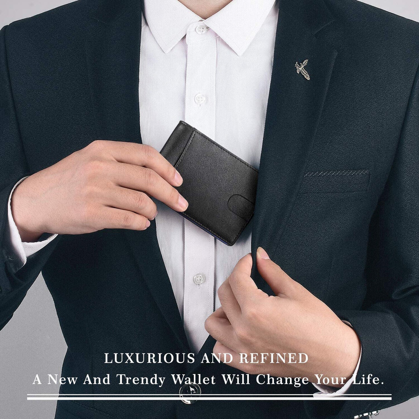 Mens Slim Leather Wallet with Money Clip RFID Blocking Bifold Credit Card Holder