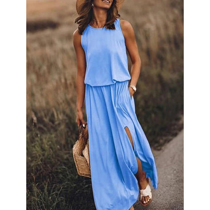 Women Summer Dresses Fashion Side Slit Long Dress With Pockets Vestidos Solid Casual O-Neck Sleeveless A-Line Sundress For Holiday