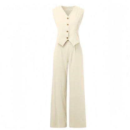 Summer Vest Suits V-neck Botton Sleeveless Top And Loose Straight Trousers Casual Womens Clothing