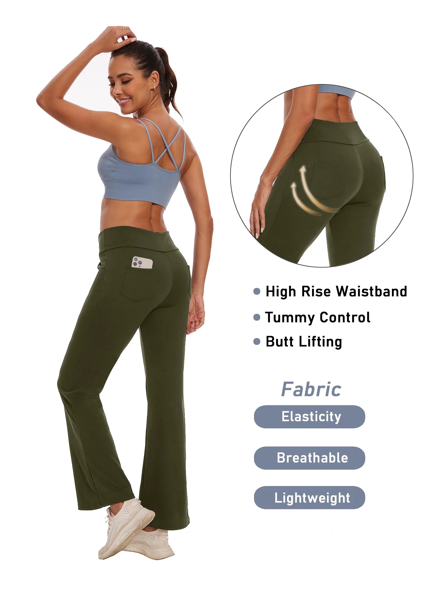 Womens Bootcut Yoga Pants with Pockets Flare Workout Legging High Waist Lightweight Bottoms Activewear Green XL