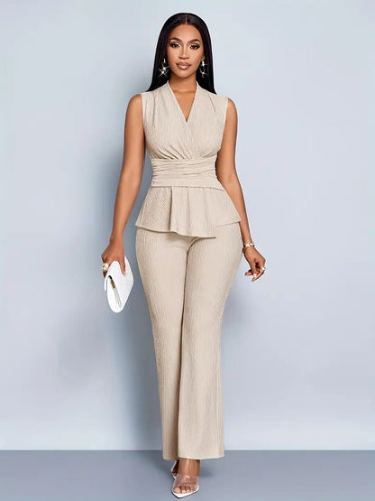Womens Two Piece Set V Neck Sleeveless Asymmetrical T Shirt And Wide Leg Pants