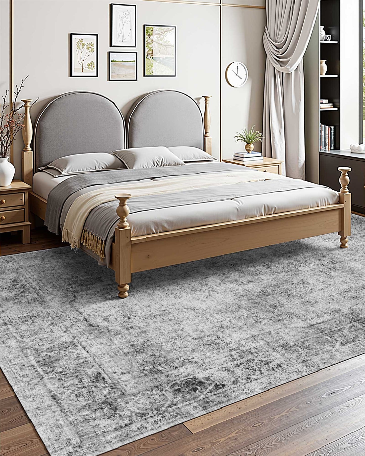 Area Rug, 9 X 12 Ft Large Washable Boho Rug, Non-Slip And Tear-Resistant Soft Carpet, Pet & Child Friendly Bohemian Area Rugs, Indoor Mat For Bedroom, Living Room, Kids Room, Office, Gray