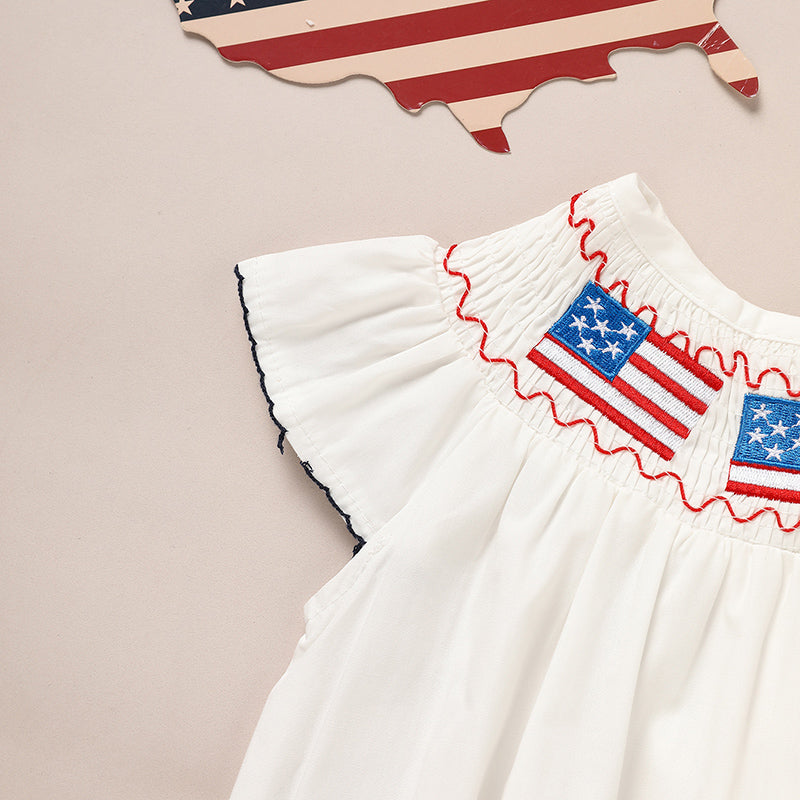 Baby Girl 4th Of July Bubble Romper, Smocked Fly Sleeve Bodysuit With American Flag Embroidery