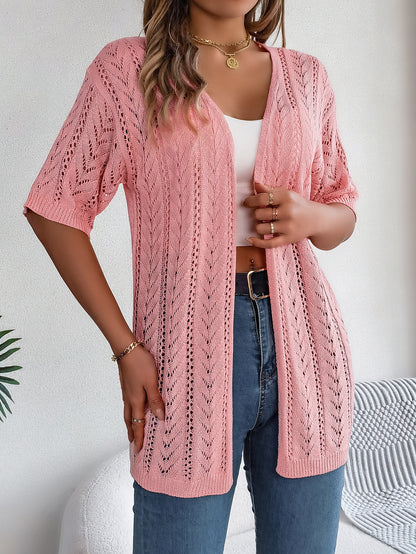 Women S Solid Color Hollow Out Short Sleeve Knit Cardigan Cover-Up