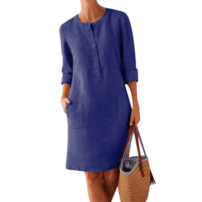 Plus Size Women's Cotton And Linen Round Neck Long Sleeve Dress
