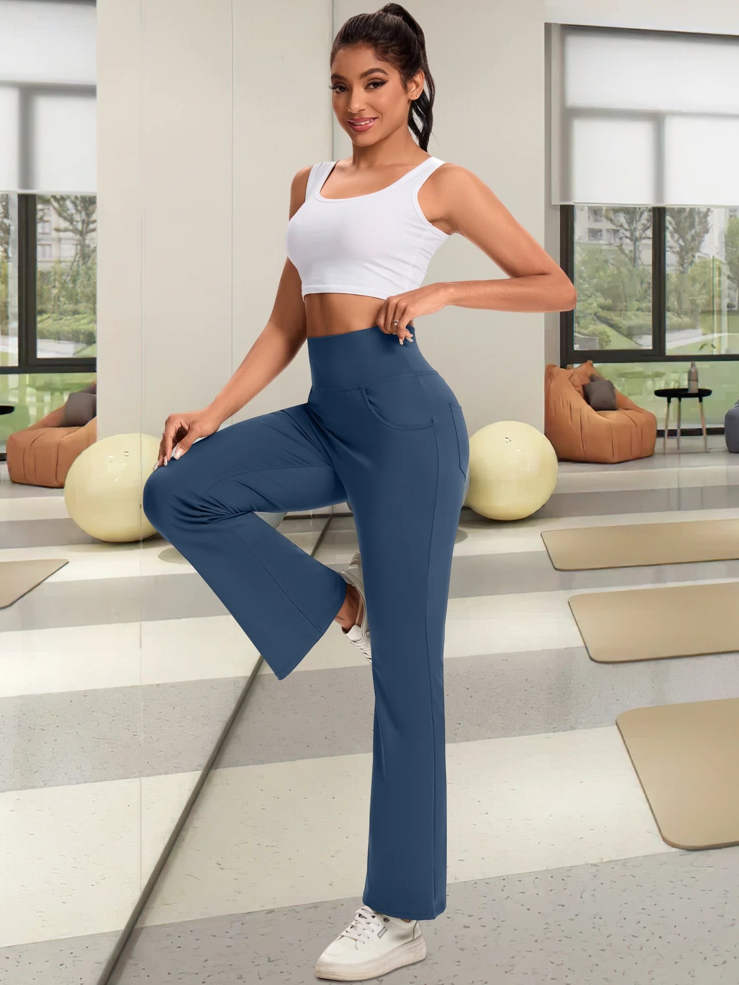 Women Flare Yoga Pants Workout Leggings Bootcut Bottoms with Pockets High Waist Activewear Navy Blue M