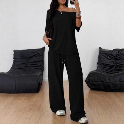 Women's Casual Solid-Color Sports Two-Piece Set With Loose-Fit Trousers