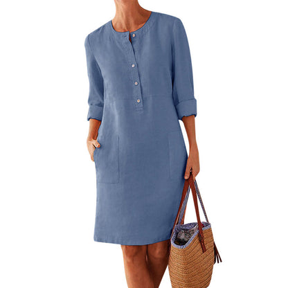 Plus Size Women's Cotton And Linen Round Neck Long Sleeve Dress