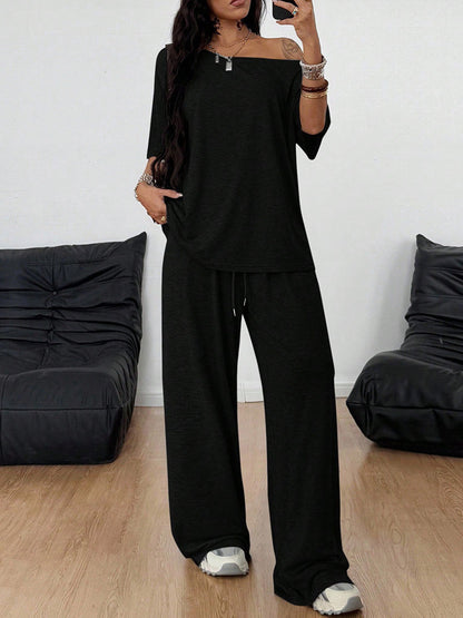Women's Casual Solid-Color Sports Two-Piece Set With Loose-Fit Trousers