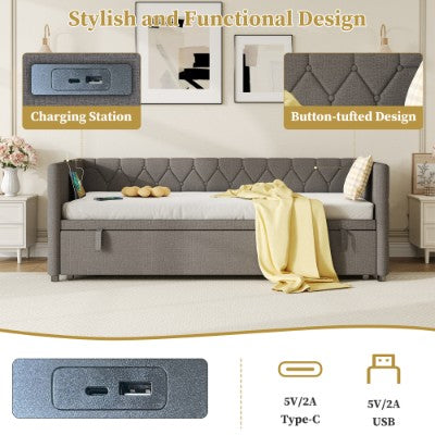 Upholstered Daybed, Sofa Bed With Charging Station, 3ft Single Button-tufted Bed With USB And Type - C Ports, Pull Out Trundle Bed For Living Room Bedroom Study Room, Linen, Grey No Mattress