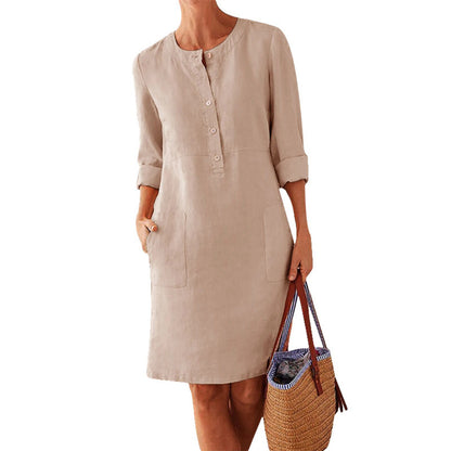 Plus Size Women's Cotton And Linen Round Neck Long Sleeve Dress
