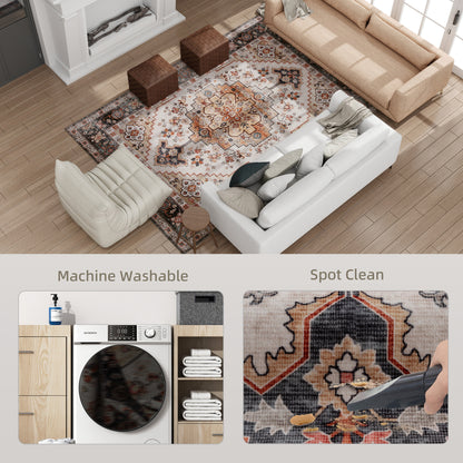 Area Rug 8x10, Machine Washable Rug, Non-Slip Boho Print Pattern Medallion Carpet For Living Room, Bedroom, Tawny Brown