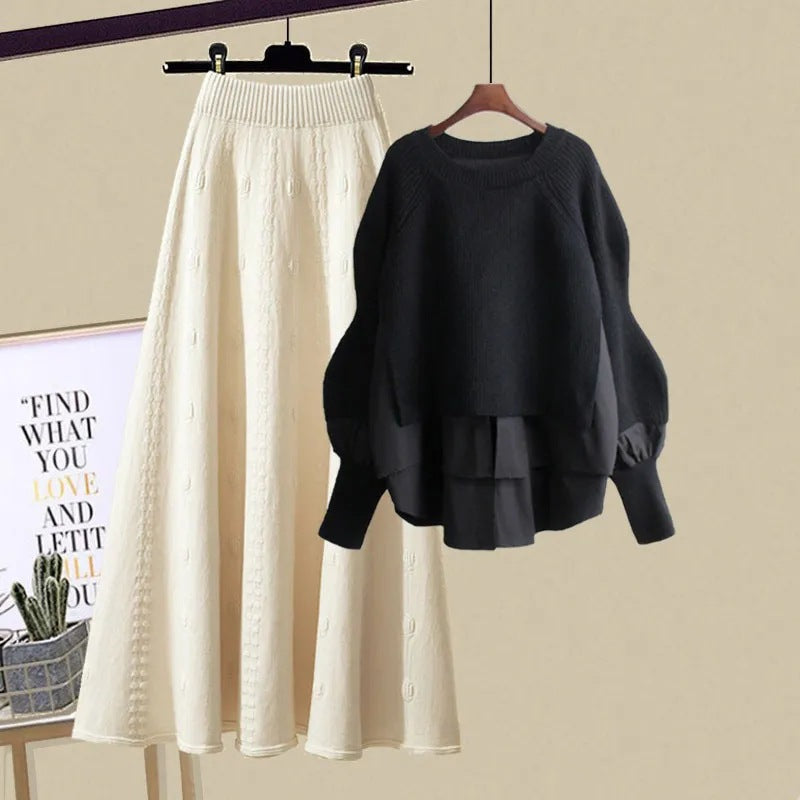 Women's Fashion Wear Loose Western Style Lazy Style Sweatshirt Slimming Skirt Two-piece Set