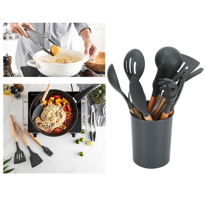 12 Pieces&set Silicone Kitchen Utensils, Wooden Handle Non-stick Cooking Cutlery Set, Withstand 480 F Silicone Kitchen Utensils, Silicone Beech Cooking Spoon Set Kitchen Accessories For The Kitchen A