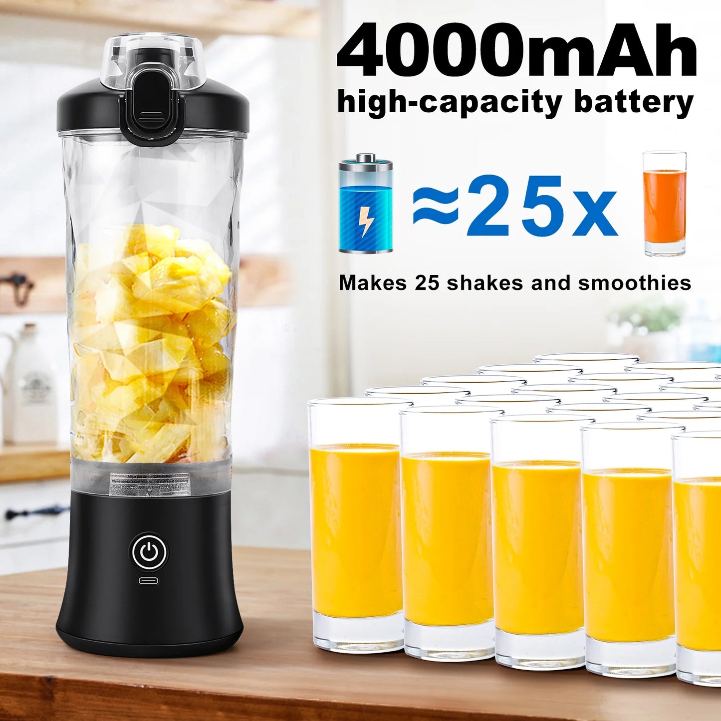 Portable Blender for Smoothies, 20Oz Small Personal Blender with Travel Lid, USB Rechargeable, Single Serve Fruit Mixer for Kitchen, Black