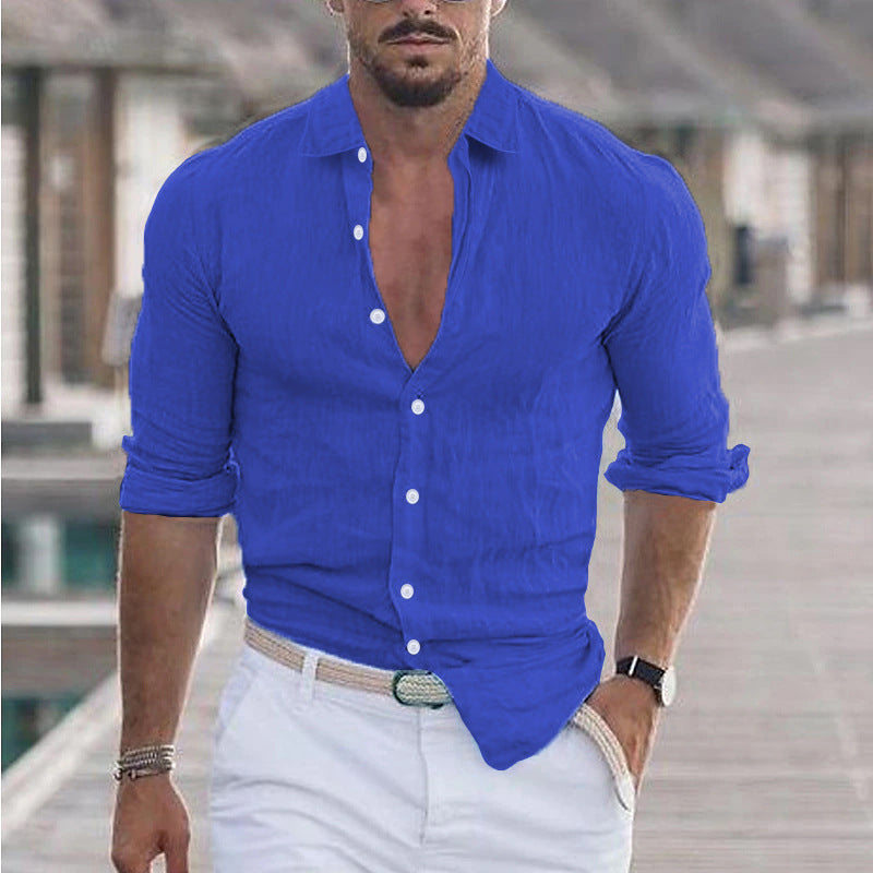 Men's Cotton And Linen Lapel Long Sleeve Solid Color Shirt