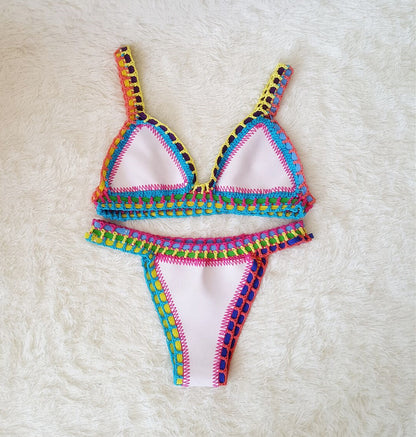 Sexy Hand Crochet Colorful Bikini Set, Spell Color Rubber, Ladies Knitted Swimwear