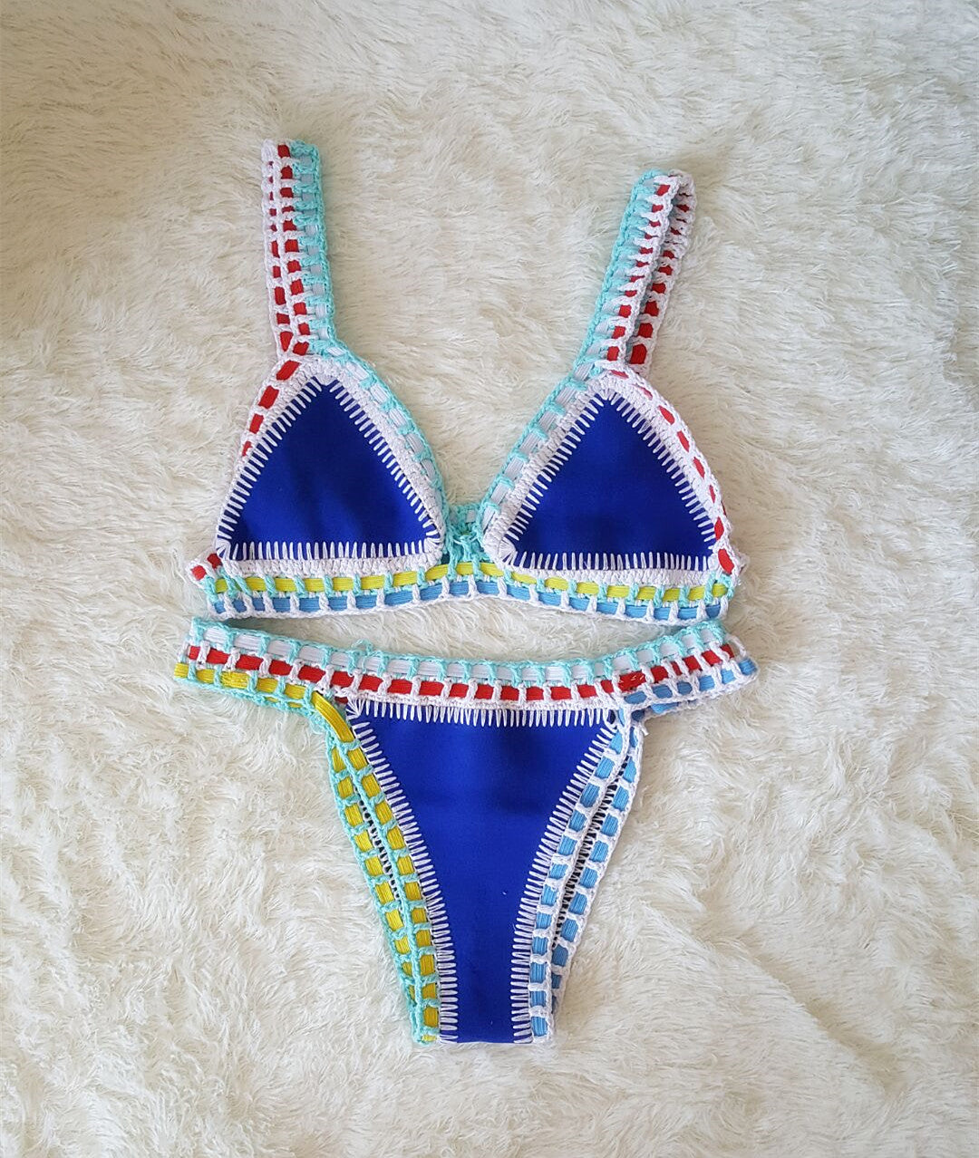 Sexy Hand Crochet Colorful Bikini Set, Spell Color Rubber, Ladies Knitted Swimwear