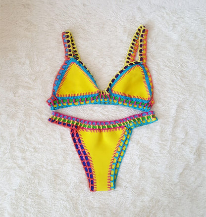Sexy Hand Crochet Colorful Bikini Set, Spell Color Rubber, Ladies Knitted Swimwear