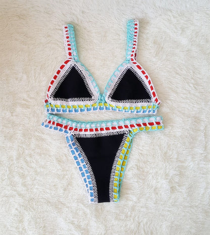 Sexy Hand Crochet Colorful Bikini Set, Spell Color Rubber, Ladies Knitted Swimwear