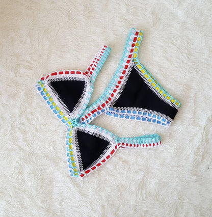 Sexy Hand Crochet Colorful Bikini Set, Spell Color Rubber, Ladies Knitted Swimwear