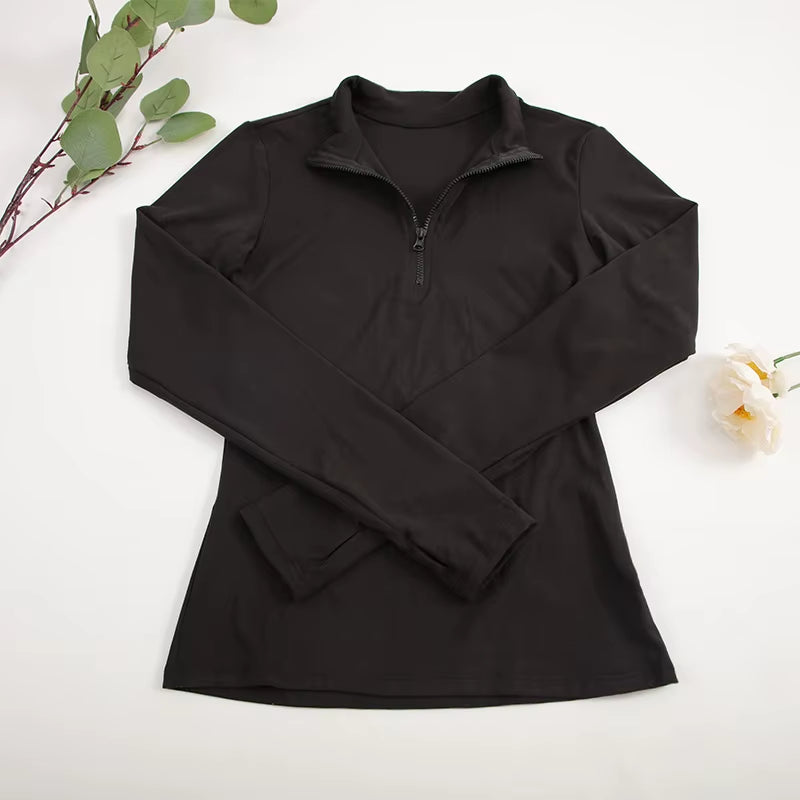 CHRLEISURE Long Sleeve Yoga Shirts Half-Zip Sports Top with Thumbholes Elastic Breathable Fitness Blouse for Women Activewear