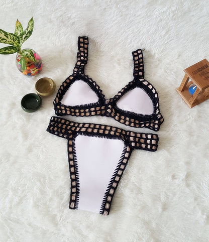 Sexy Hand Crochet Colorful Bikini Set, Spell Color Rubber, Ladies Knitted Swimwear
