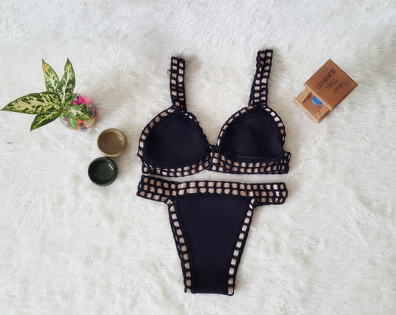 Sexy Hand Crochet Colorful Bikini Set, Spell Color Rubber, Ladies Knitted Swimwear