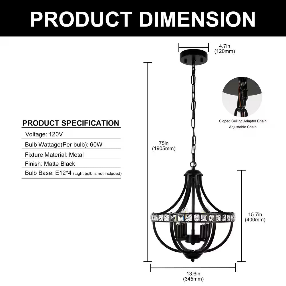 4-Light Black Crystal Candlestick Hardwired Chandelier for Living Room