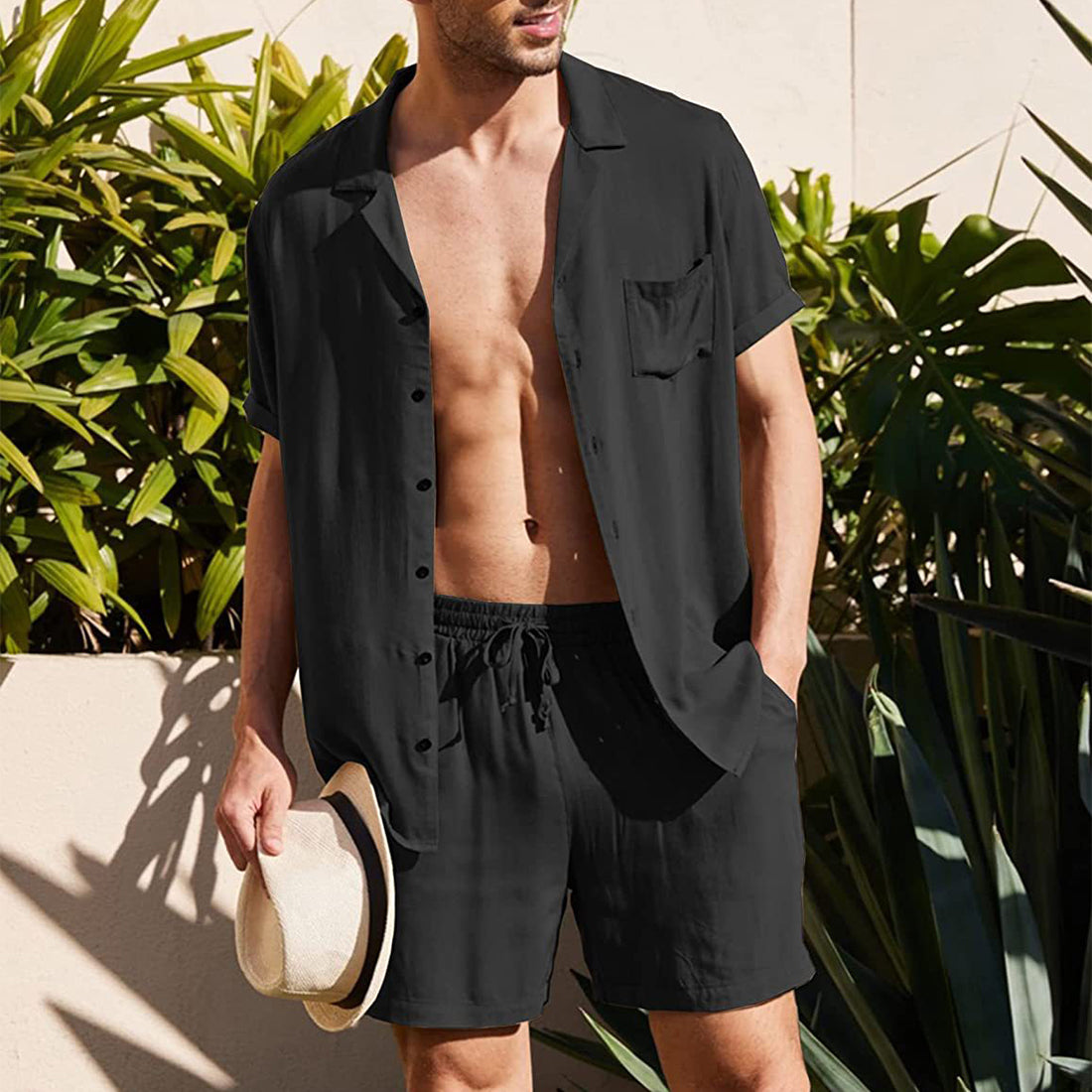 Men's Short Sleeve Shirt Suit Summer Lapel Button Top With Pocket And Drawstring Shorts Fashion Beach Suits