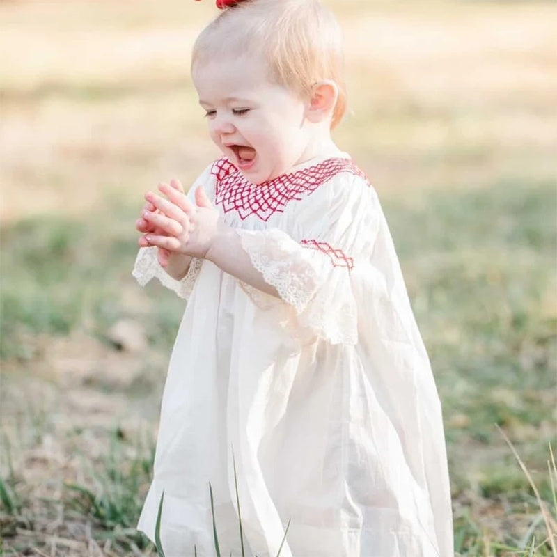 Infant Baby Girl Valentines Day Dress Lace Short Sleeve Round Neck White With Red Embroidery Party Dress