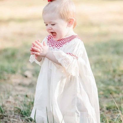 Infant Baby Girl Valentines Day Dress Lace Short Sleeve Round Neck White With Red Embroidery Party Dress